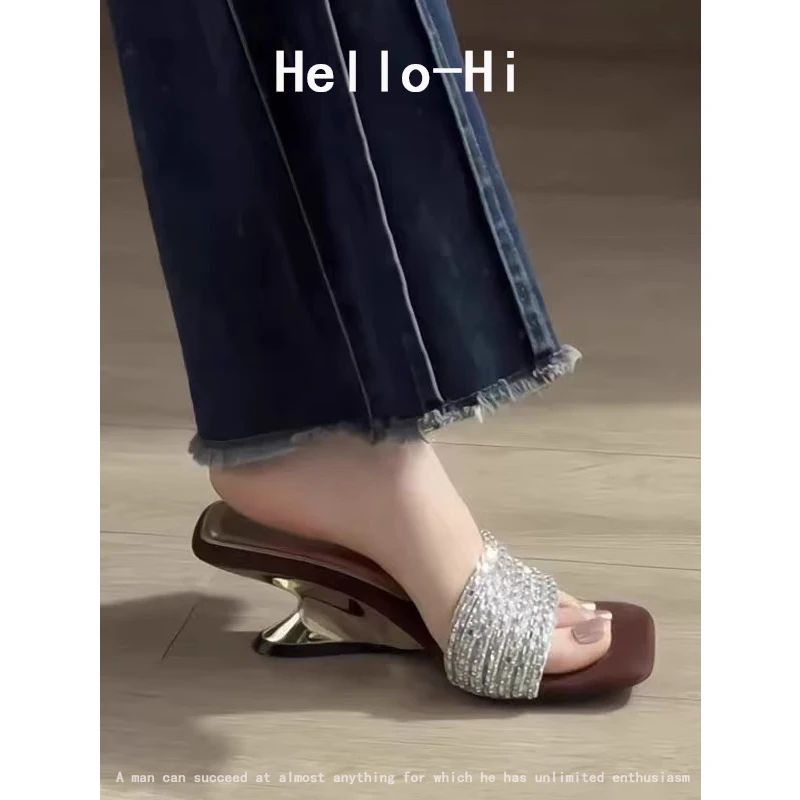 法式绝美一字拖坡跟凉鞋女夏季外穿新款水钻带绒面气质高跟凉拖鞋