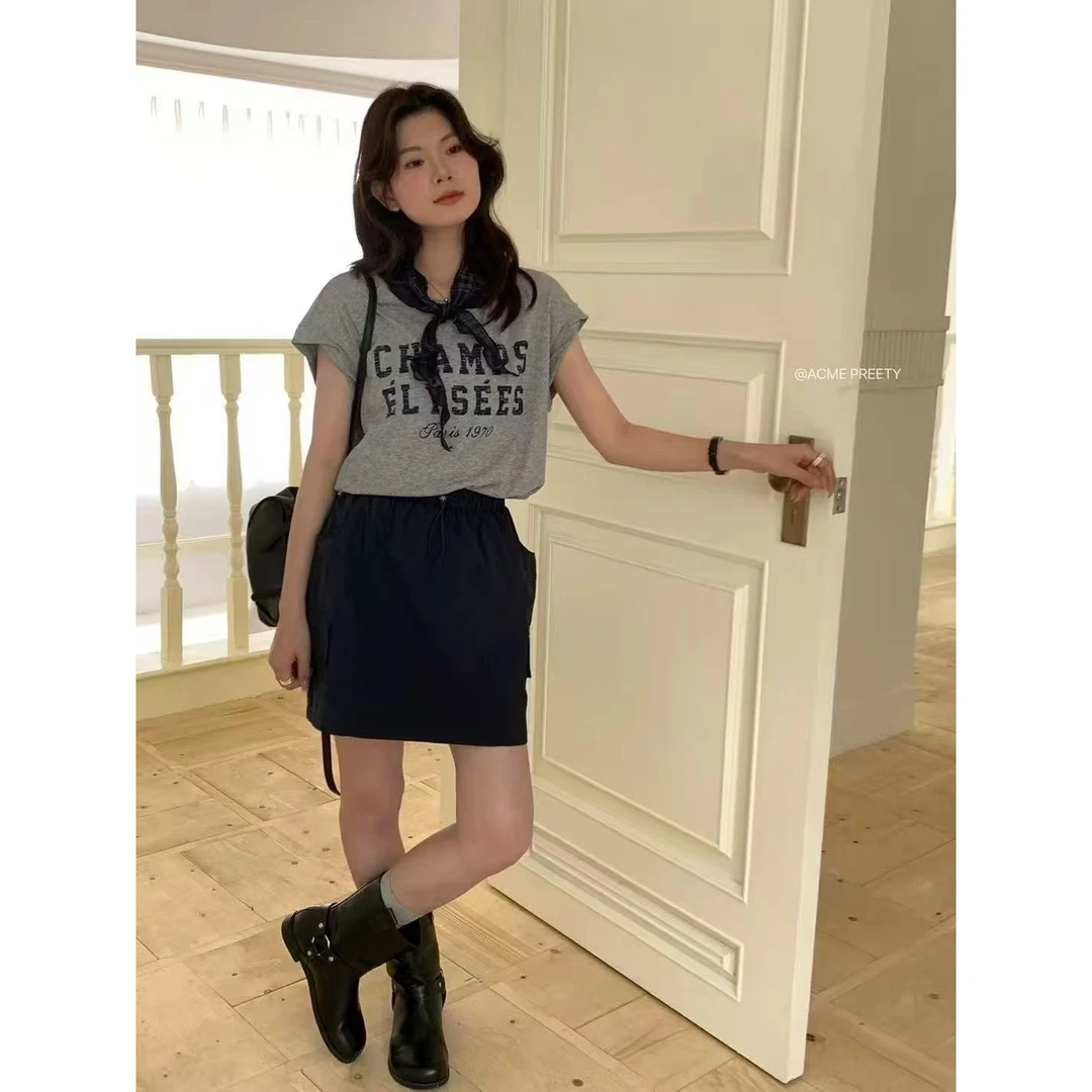 新款韩系甜美字母印花小飞袖圆领上衣配丝巾T恤-0039