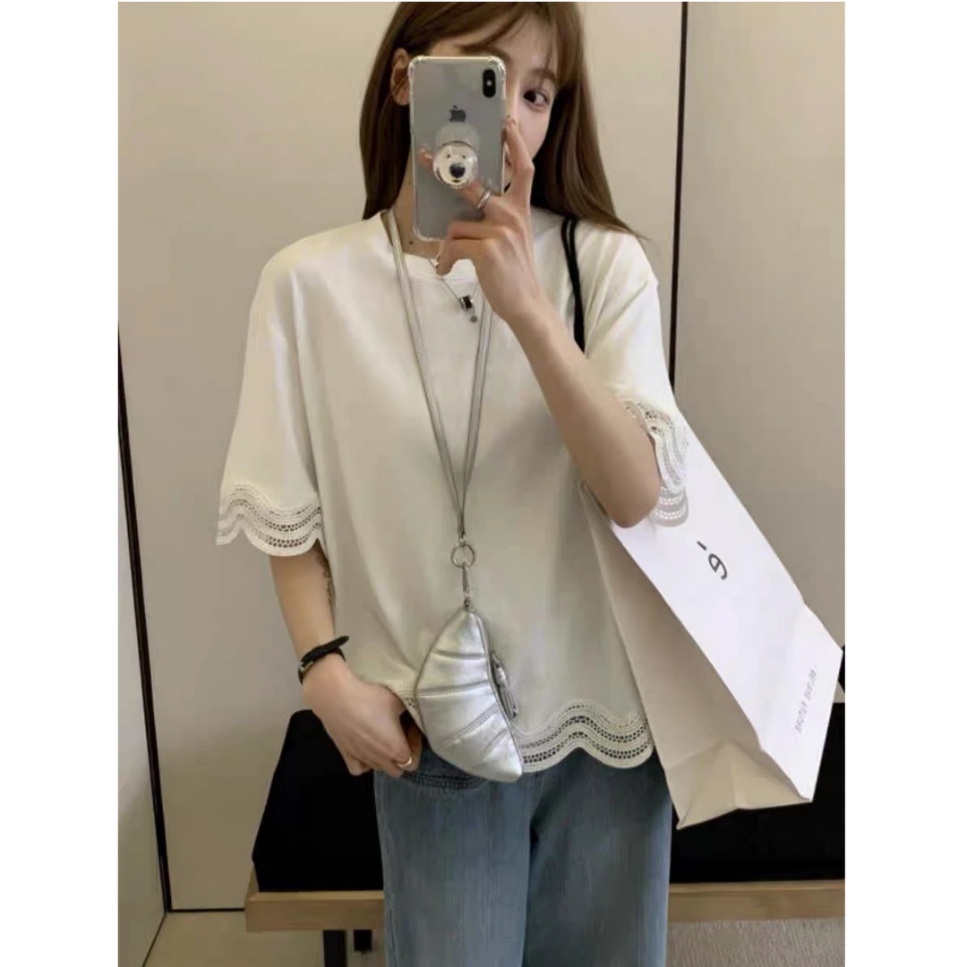 【MAN YAN】2025夏季新款设计感韩系蕾丝拼接宽松短袖