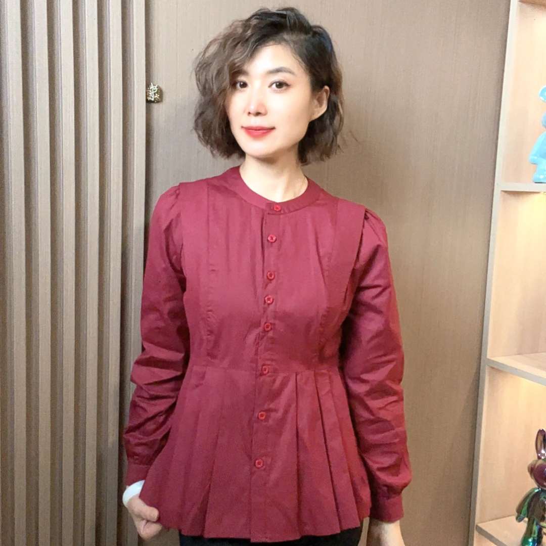圆领长袖不起球修身型秋季衬衫女休闲气质女装女士短款大码春秋