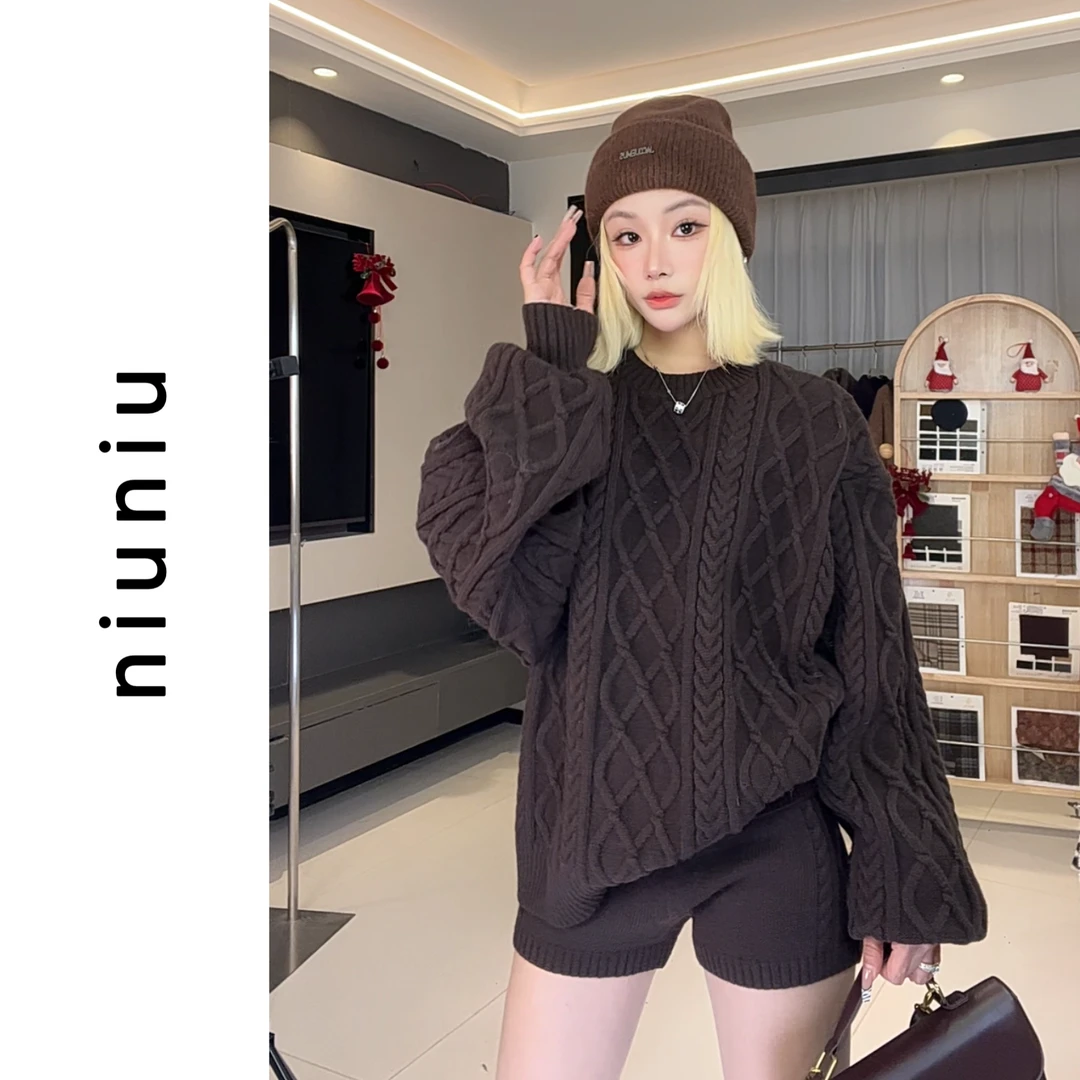 niuniu『加厚麻花编织毛衣』秋冬时尚休闲宽松显瘦麻花纹理毛衣套装