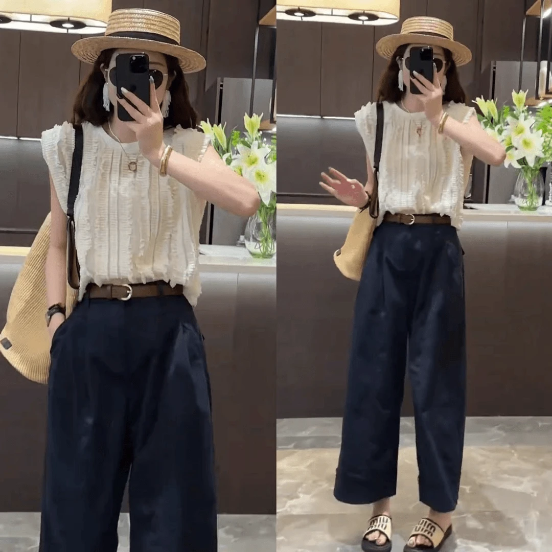 2024夏季新款小众设计款坎肩短袖上衣女高腰显瘦百搭阔腿九分裤女