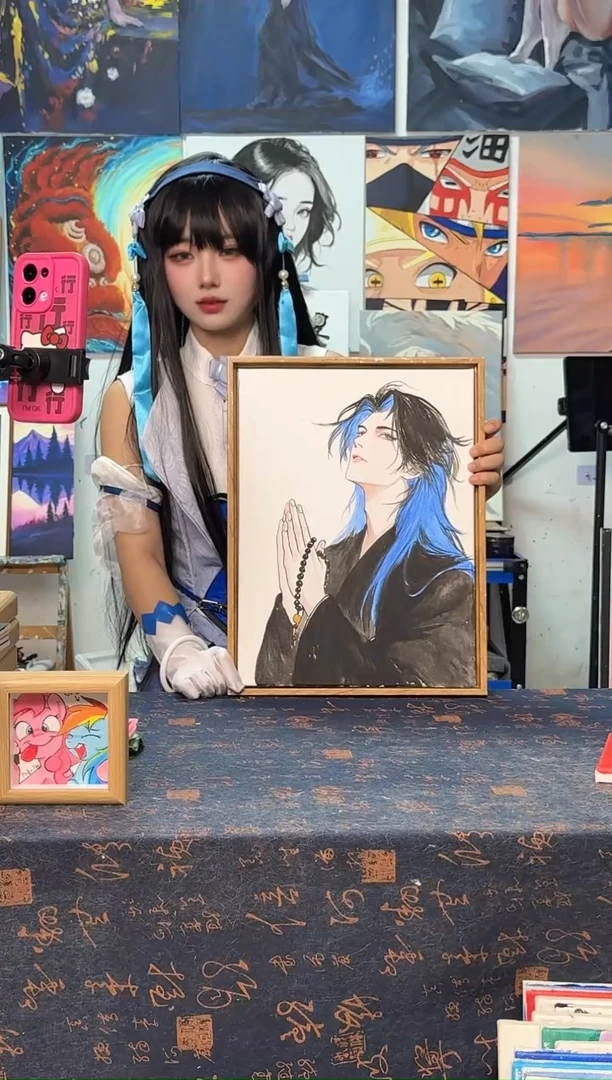 丙烯画龙***视蓝发古风男丙烯画x