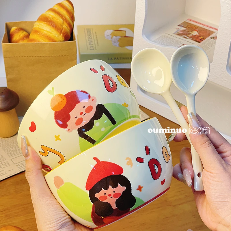 [家有儿女]陶瓷6寸面碗2碗2勺家用碗餐具可爱专用高颜值碗盘套装