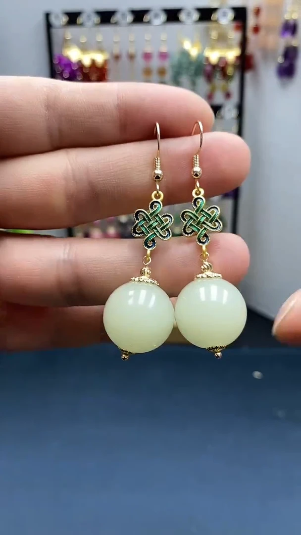 【闪购商品】和田玉耳饰银S925镀金镶嵌尺寸18mmQ2