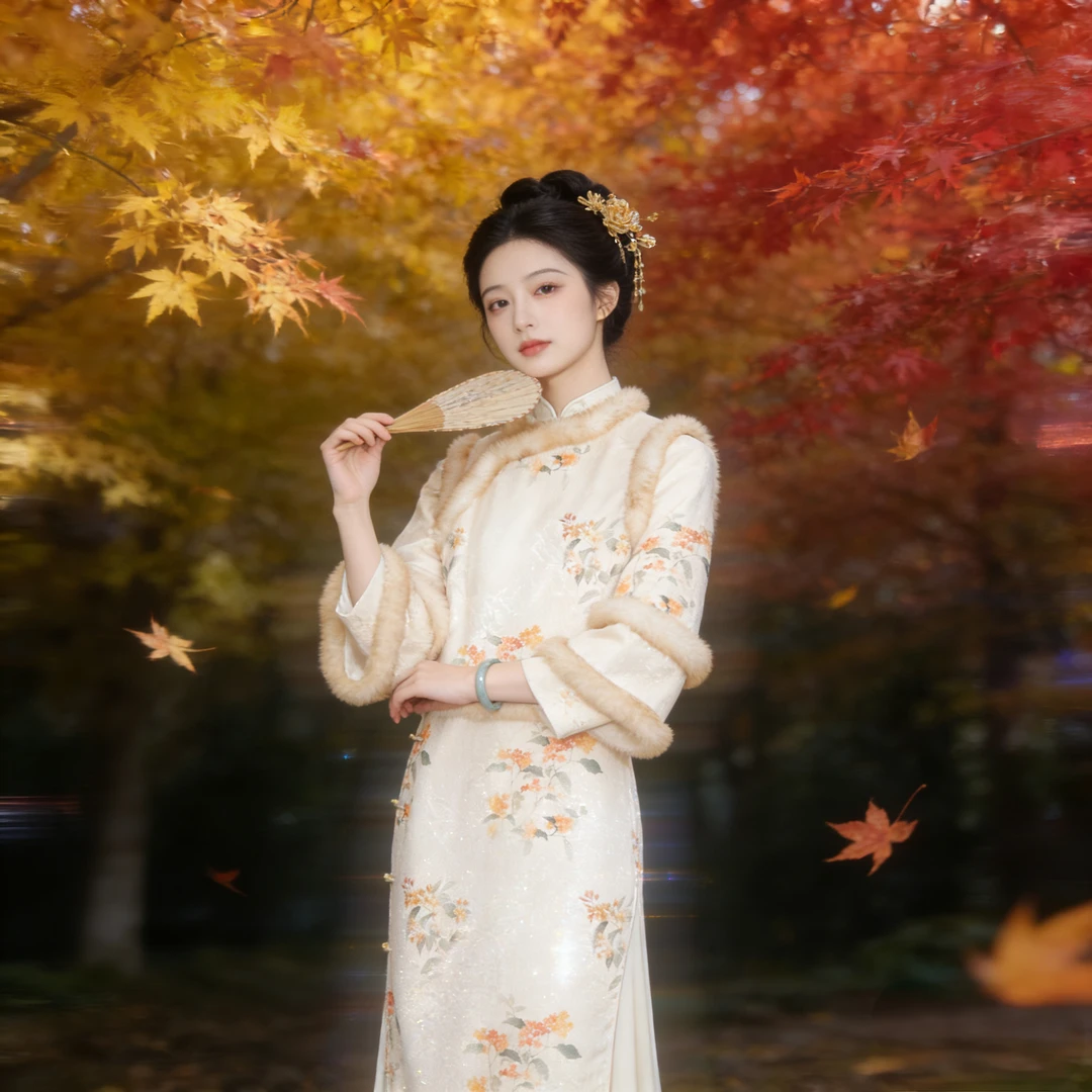 （金枝）古法全开襟双袖加绒冬款旗袍新中式改良年轻少女显瘦修身