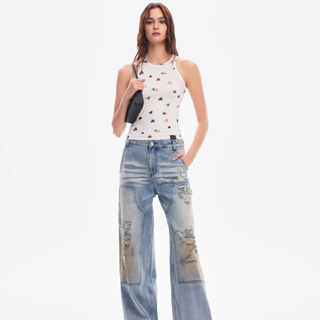 CALLED BACK新款复古破洞印花设计师做旧毛边街头牛仔裤242443