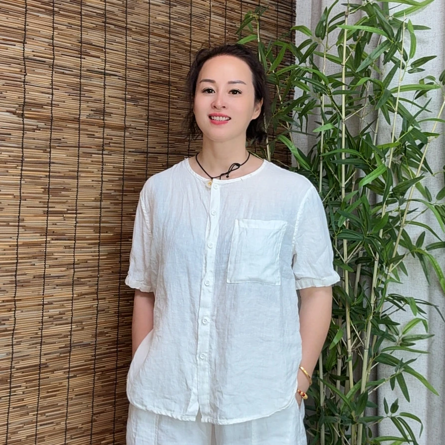 新款圆领亚麻短袖上衣舒适简约百搭洋气