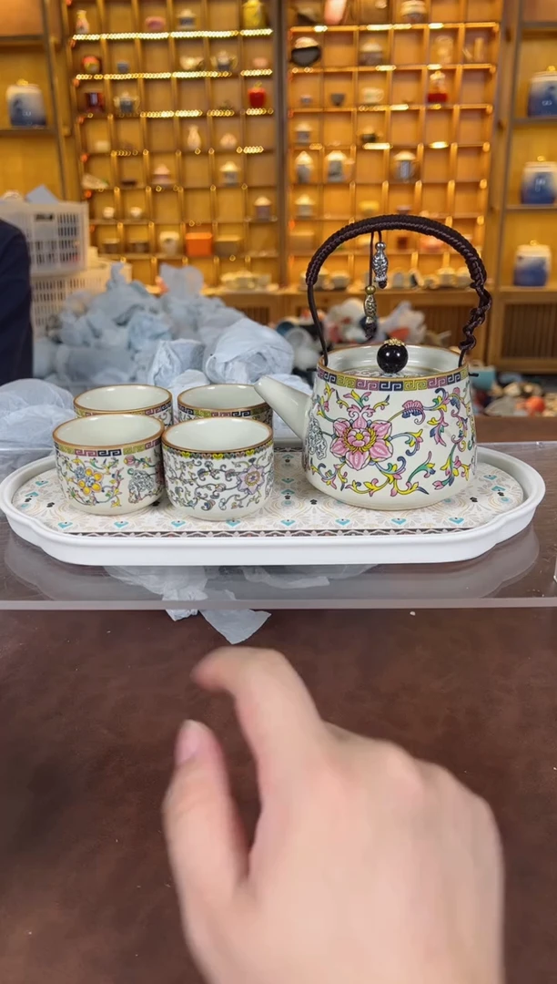 瓷片鸣盏居11111111珐琅彩提梁壶套装+茶盘