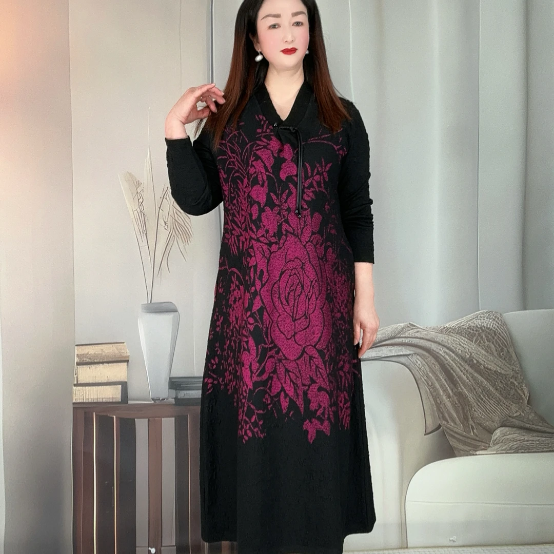 春季新款V领定位花宽松中长款气质显瘦遮肉外穿打底妈妈装连衣裙