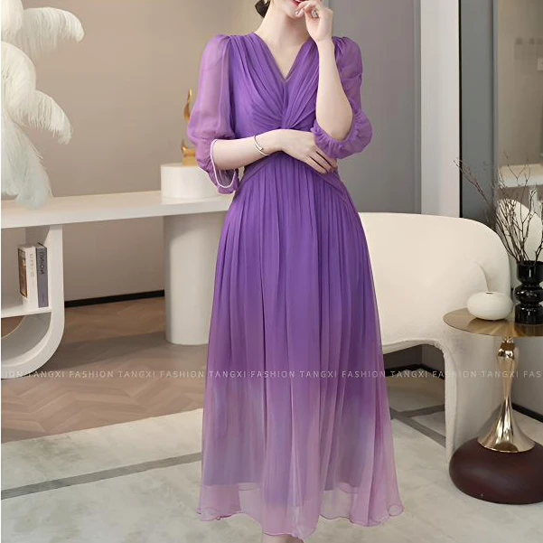 现货2025春季新款【4438】法式气质轻奢小众显瘦复古紫色渐变连衣裙