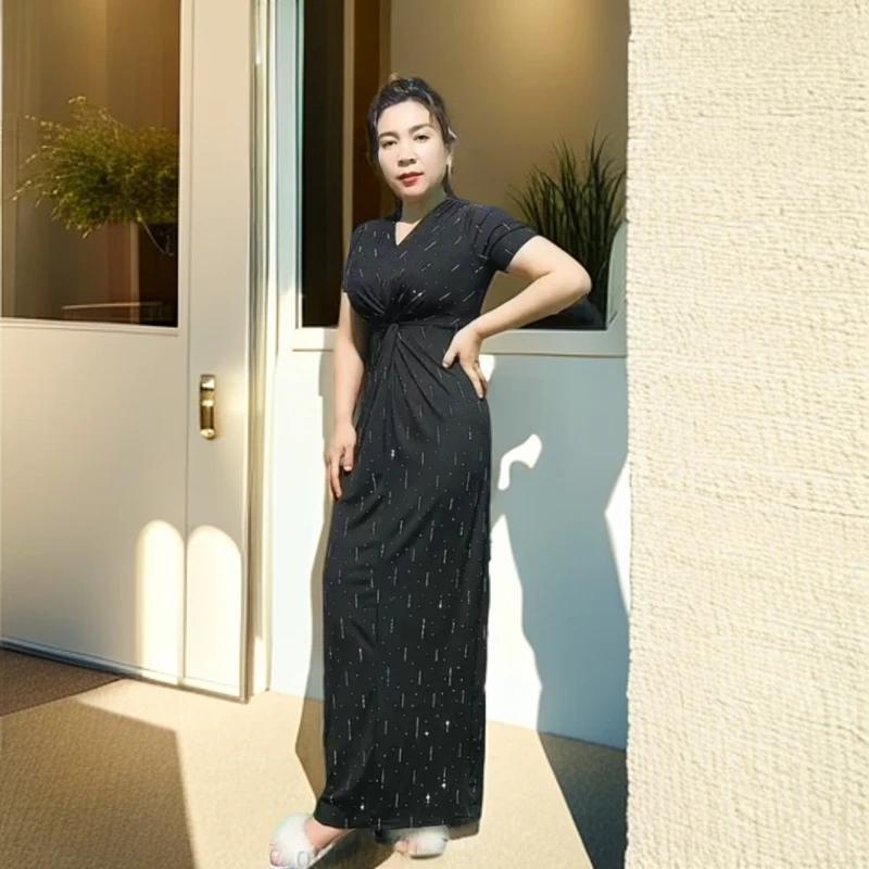 9908【帕提马姆包邮】夏季新款烟花式烫钻V领女装连衣裙