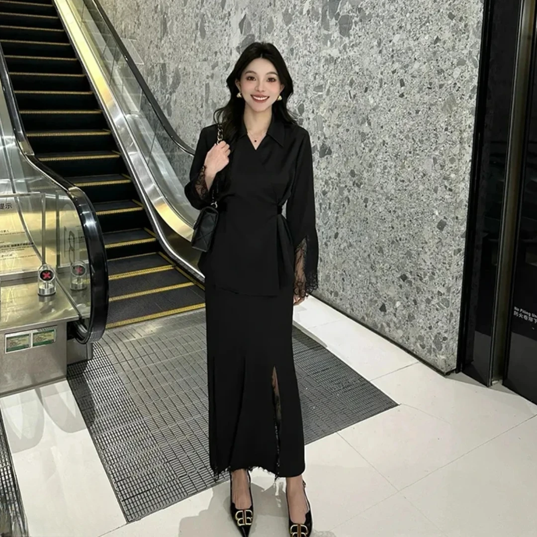2025春季新款显瘦气质时尚黑色蕾丝套装小众设计高级感氛围感穿搭