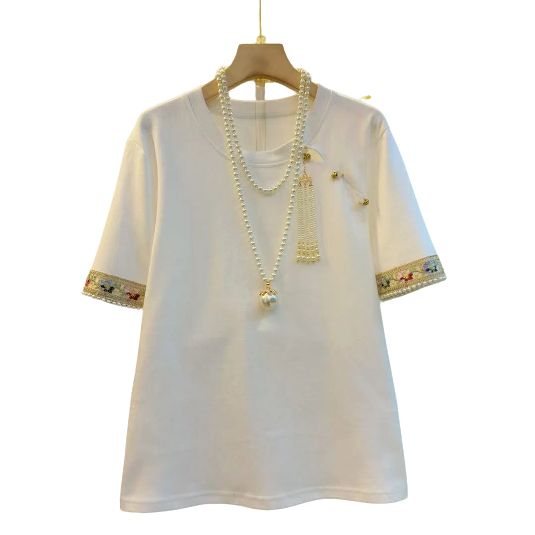 新款圆领国风气质斜襟钉珠拼接百搭短袖上衣（长61左右）