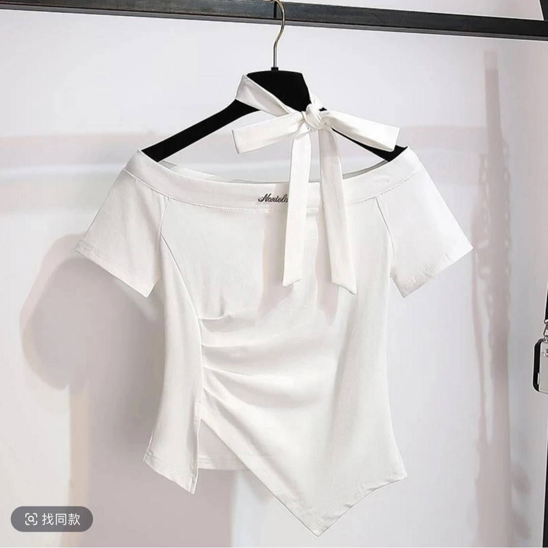 【仟依】7108一字肩锁骨短袖T恤女夏季新款卡腰小衫下摆开叉短款