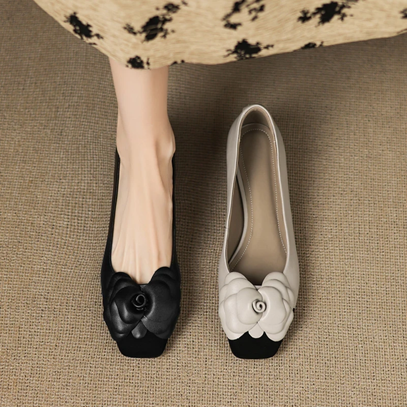 法式山茶花小香风轻奢鞋子浅口软底百搭通勤不累脚粗跟羊皮单鞋女