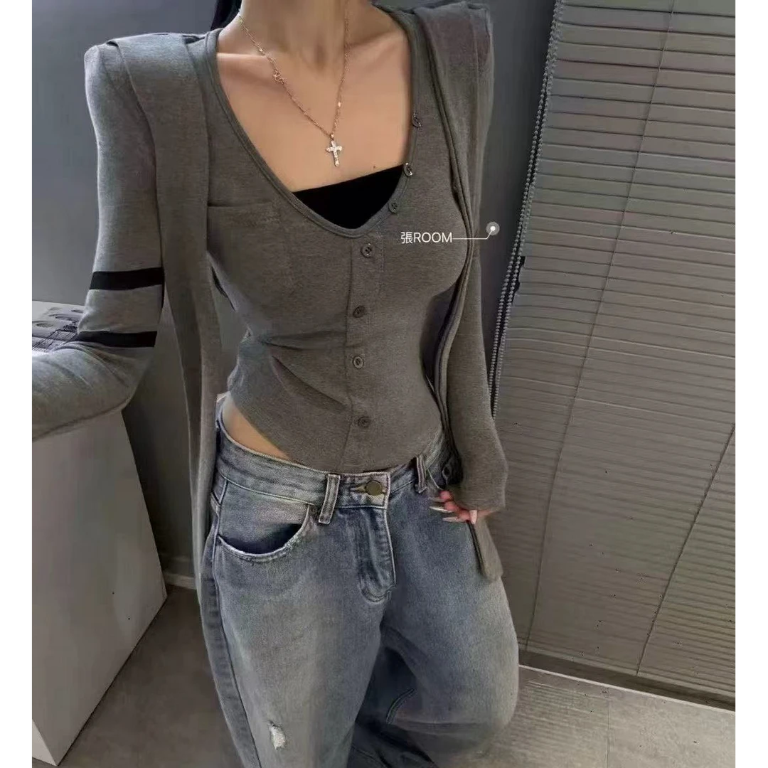 秋冬新款韩版纯欲飘带V领长袖修身显瘦假两件垫肩打底衫上衣25449