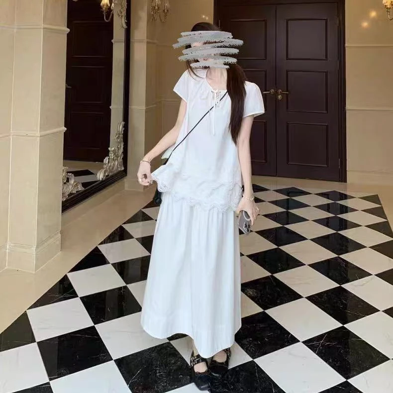 夏季波浪镂空层叠花边法式上衣半身裙两件套