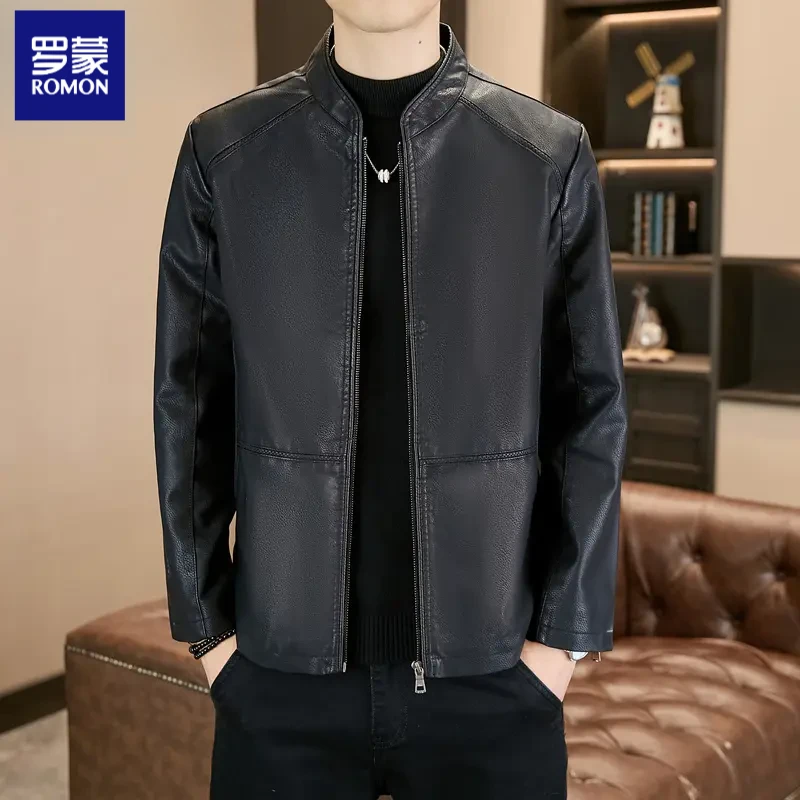 罗蒙男士时尚休闲风潮流商务皮衣夹克冬季加绒加厚保暖立领外套潮