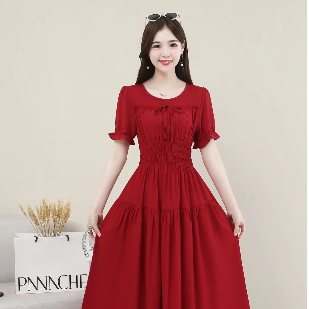 夏季气质修身法式不规则收腰长裙遮肚洋气时尚显瘦连衣裙夏季大码