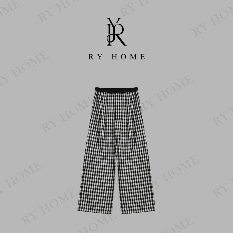 【容雨RYHOME】竹节棉＋经典黑白格撞色阔腿休闲裤251K2459