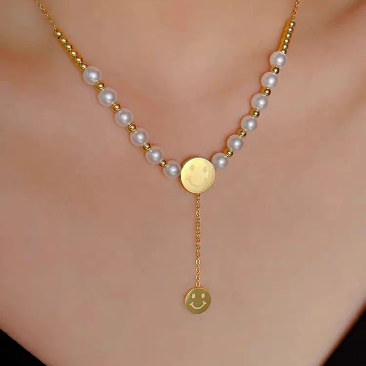 钛钢仿珍珠吊坠 【A406】流苏珍珠拼接项链2024爆款锁骨链钛钢轻奢