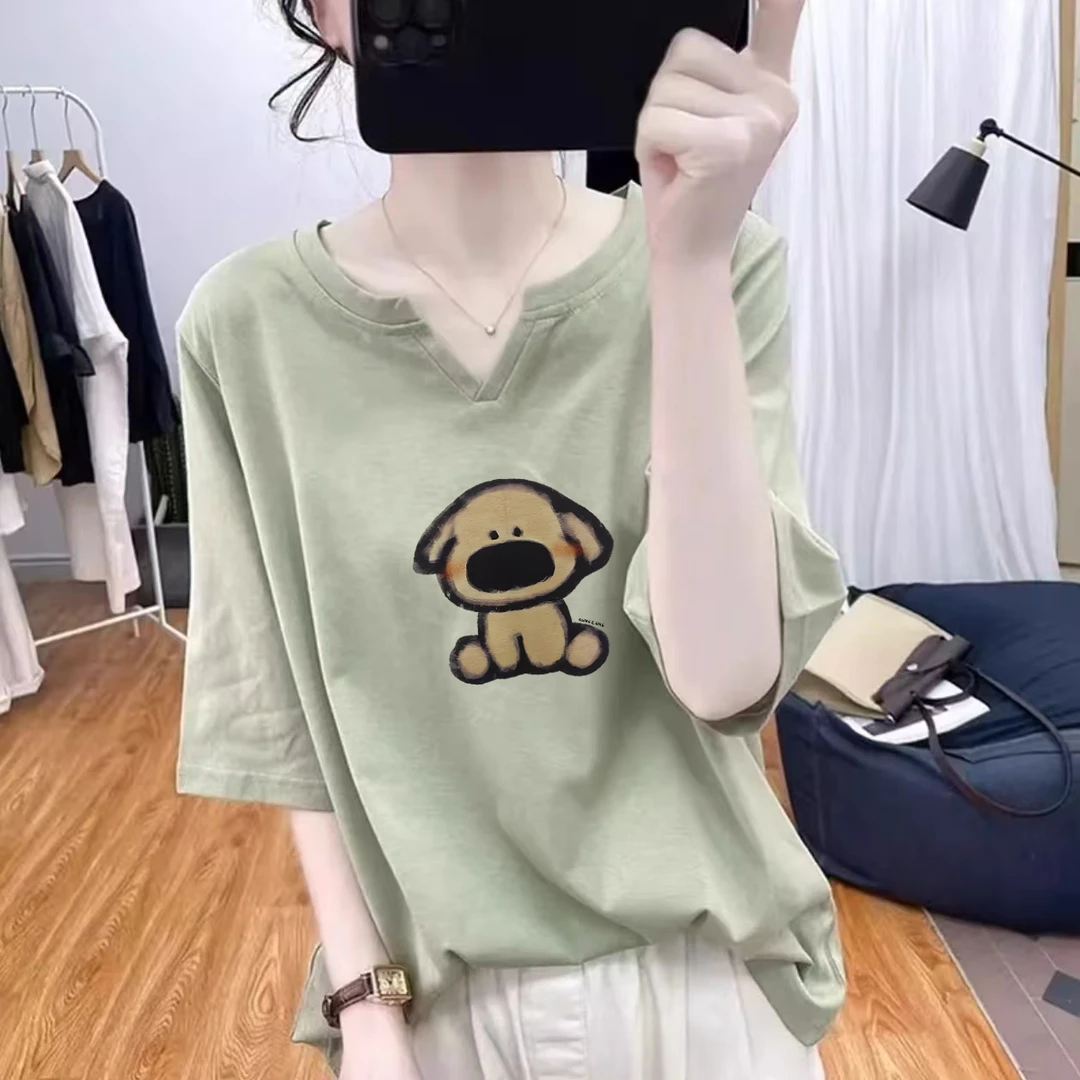 夏季纯棉设计感小V领短袖T恤女时尚洋气宽松显瘦休闲百搭半袖上衣