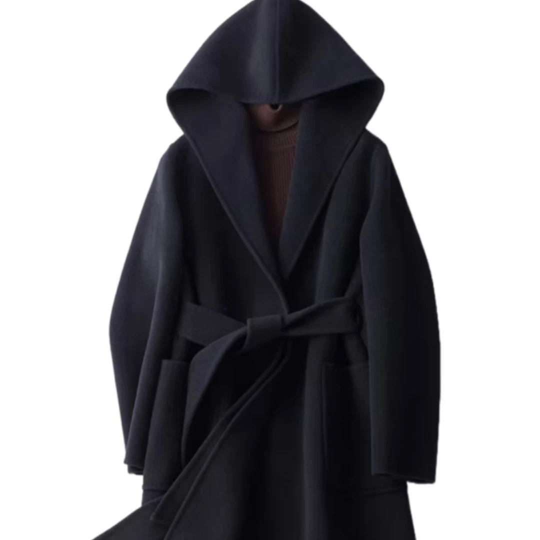 绵羊毛羊绒中长款带帽气质时尚毛呢大衣ZZHR01