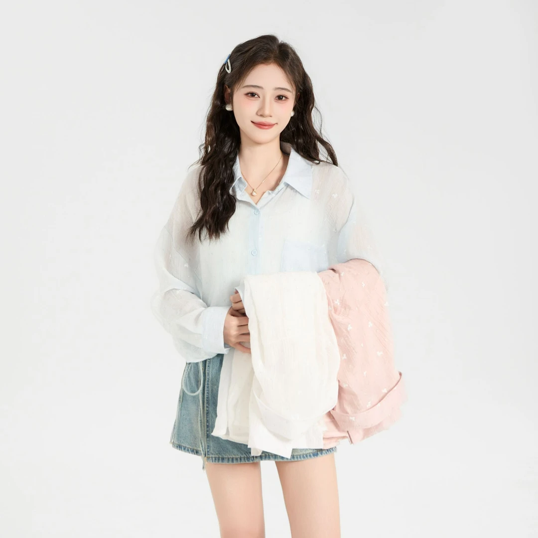 慕兔防晒长袖衬衫小印花女春2025新款慵懒风休闲百搭款宽松上衣