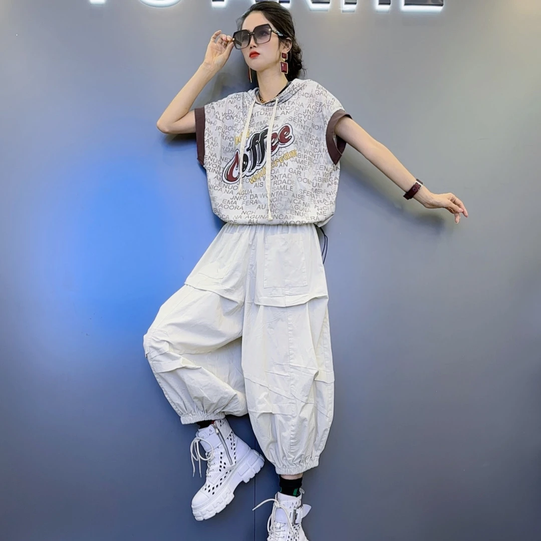 Y1晕染爽滑棉【白 杏 卡其 灰】短袖-松紧腰三色灯笼八分裤