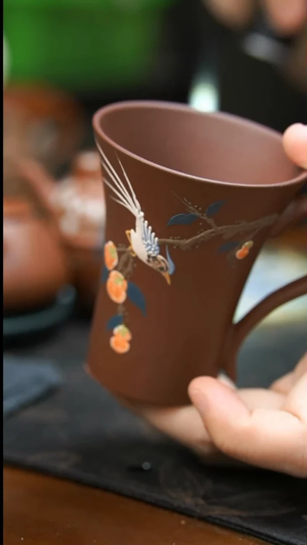 茶壶紫砂花鸟手把杯