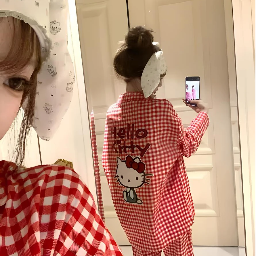 【茶杯KT】可爱hellokitty格子学生长袖睡衣女春秋季卡通家居服套装