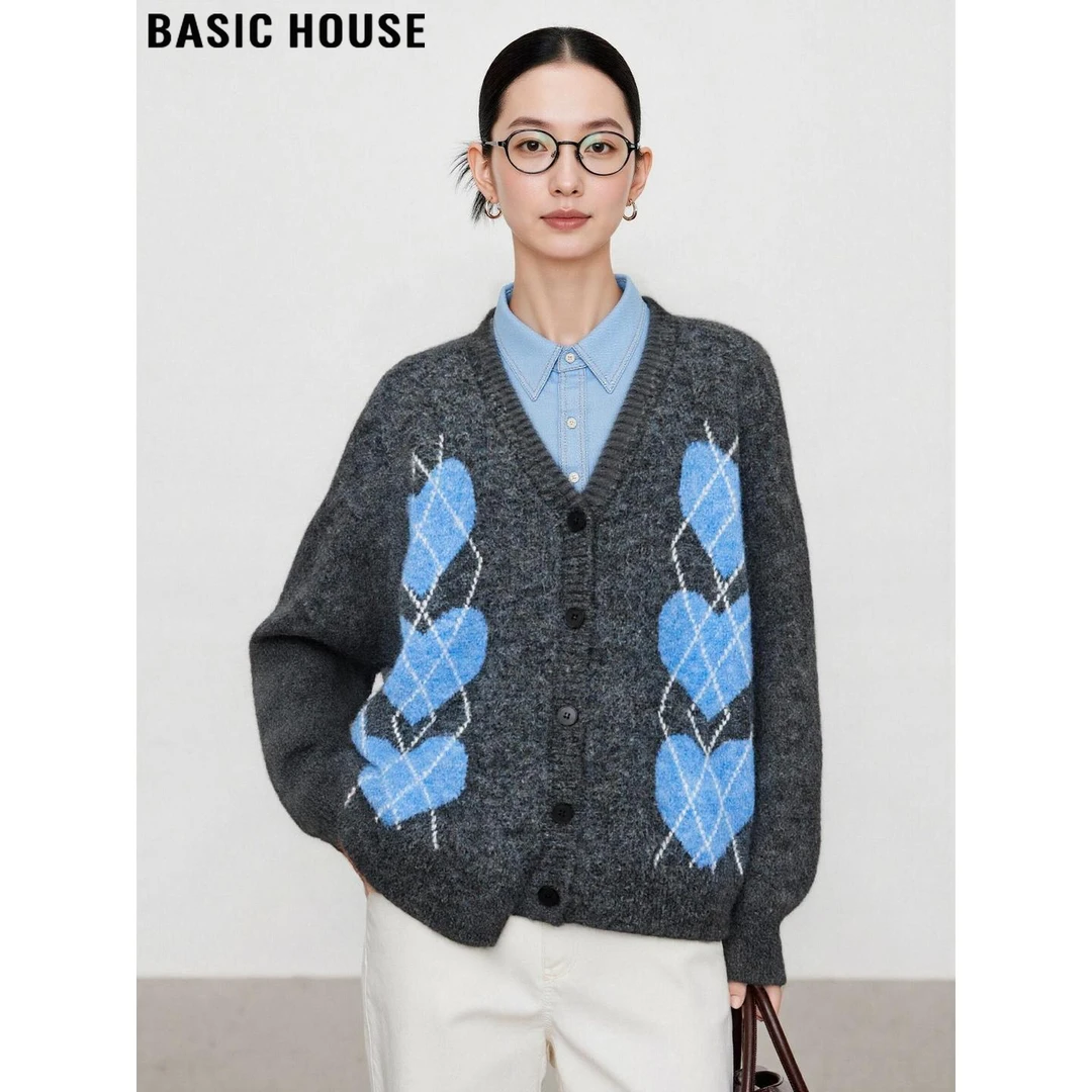 Basic House/百家好慵懒风含羊毛灰色毛衣外套女2025秋冬针织开衫