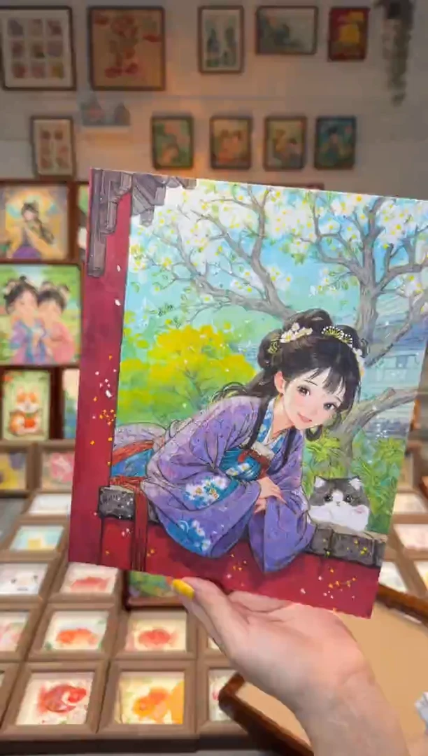 国画禾***8紫衣猫咪女孩 手绘国画10画芯