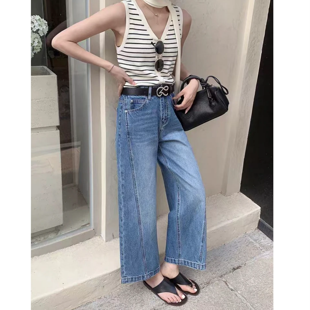 （柚子同款）ZJ夏季韩系侧双线设计时髦洋气百搭9分牛仔直筒裤2520