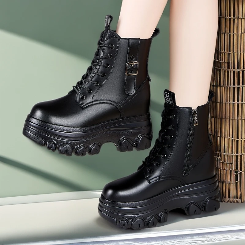 英伦风内增高马丁靴女士加绒高跟短靴秋冬厚底显瘦系带小个子单靴