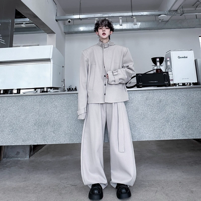 2025秋季复古立领织带垫肩夹克套装男腰带阔腿西装长裤痞帅两件套