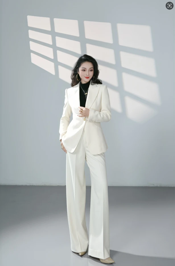 杏白色秋冬款修身显瘦轻职商务休闲西装高端女士气质西装两件套