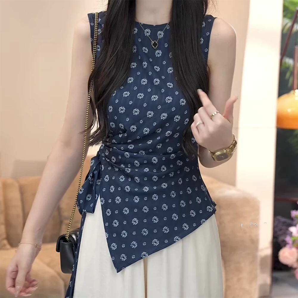 【木木落烟】复古甜美碎花系带无袖收腰显瘦衬衫