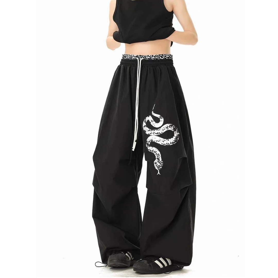 美式豹纹黑白蛇休闲街舞运动裤女春秋季爵士嘻哈阔腿工装裤情侣潮