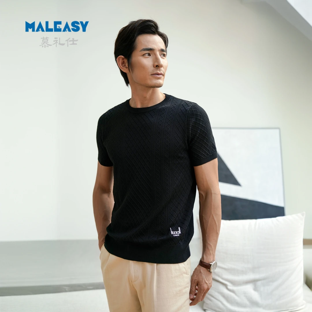 秋冬新款男士轻奢短袖针织衫时尚休闲修身显瘦提花圆领打底毛衣