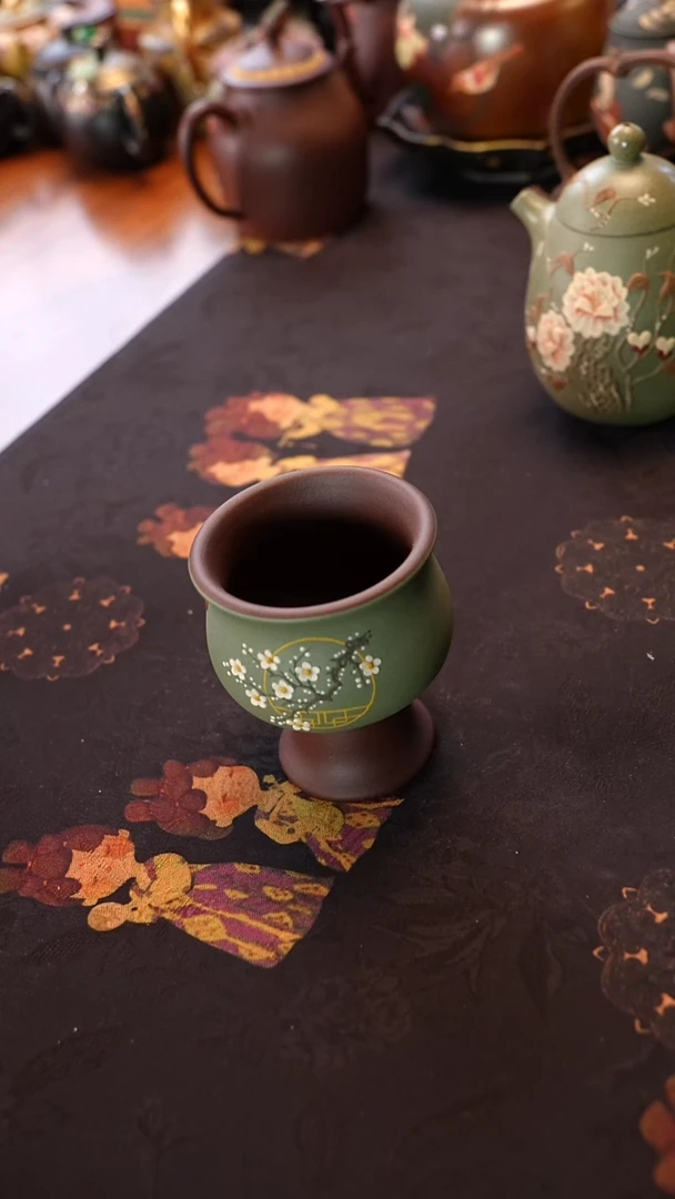 茶壶紫砂紫泥高足豆青梅花杯