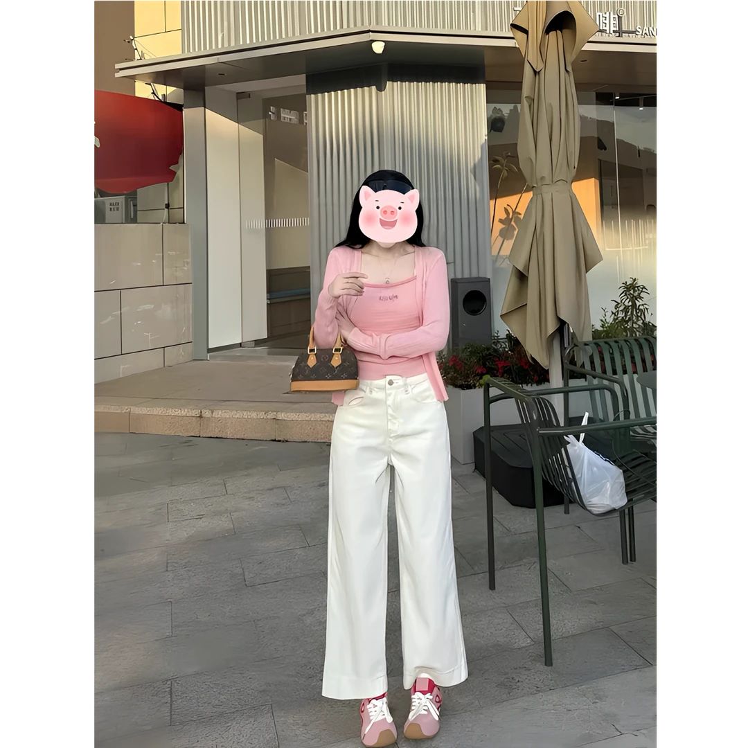 2025新款洋气气质小个子韩系时尚粉背心吊带针织开衫休闲直筒裤女