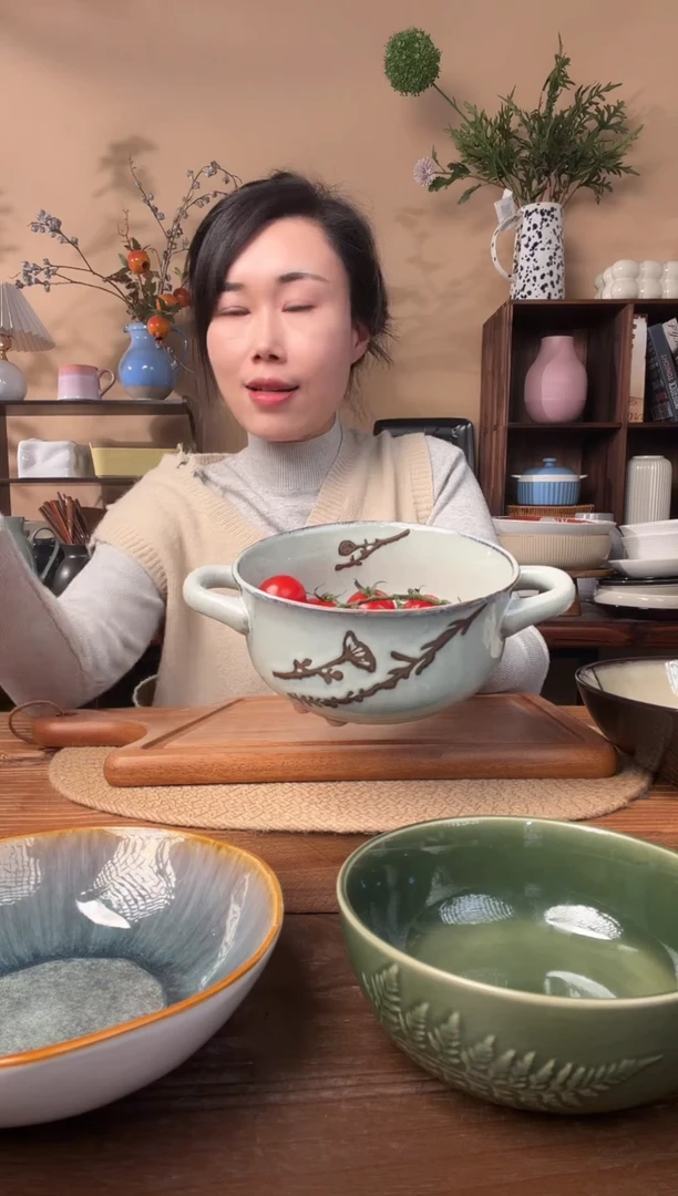 6英寸复古窑变淡绿叶子双耳碗微瑕