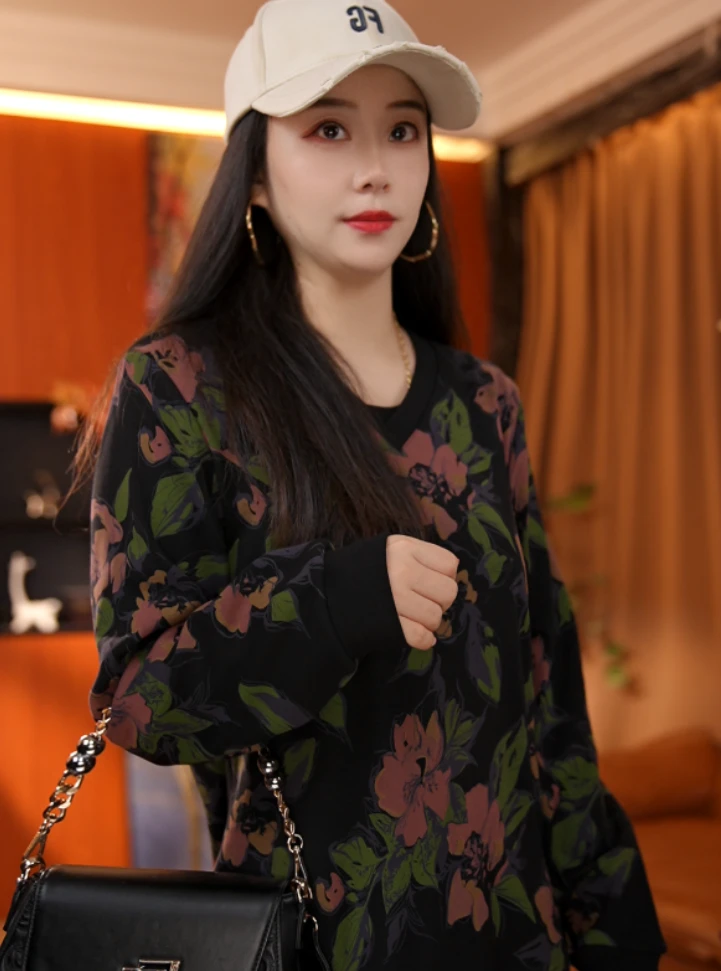 QJGAODING-时尚新款复古大花黑色加绒卫衣【0141】