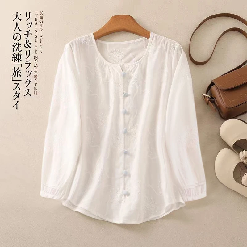 季念100%棉国风绣花长袖衬衫女秋季复古气质遮肚显瘦小衫白衬衣女