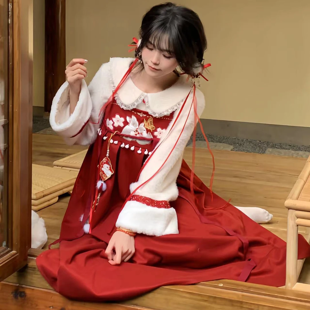 Blovelan春时花宴 娃娃领针织上衣+改良刺绣蝴蝶结磨毛背带裙