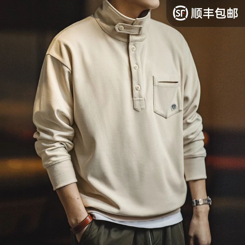 马登工装 美式休闲半开襟立领卫衣慵懒风翻领针织Polo衫男春夏