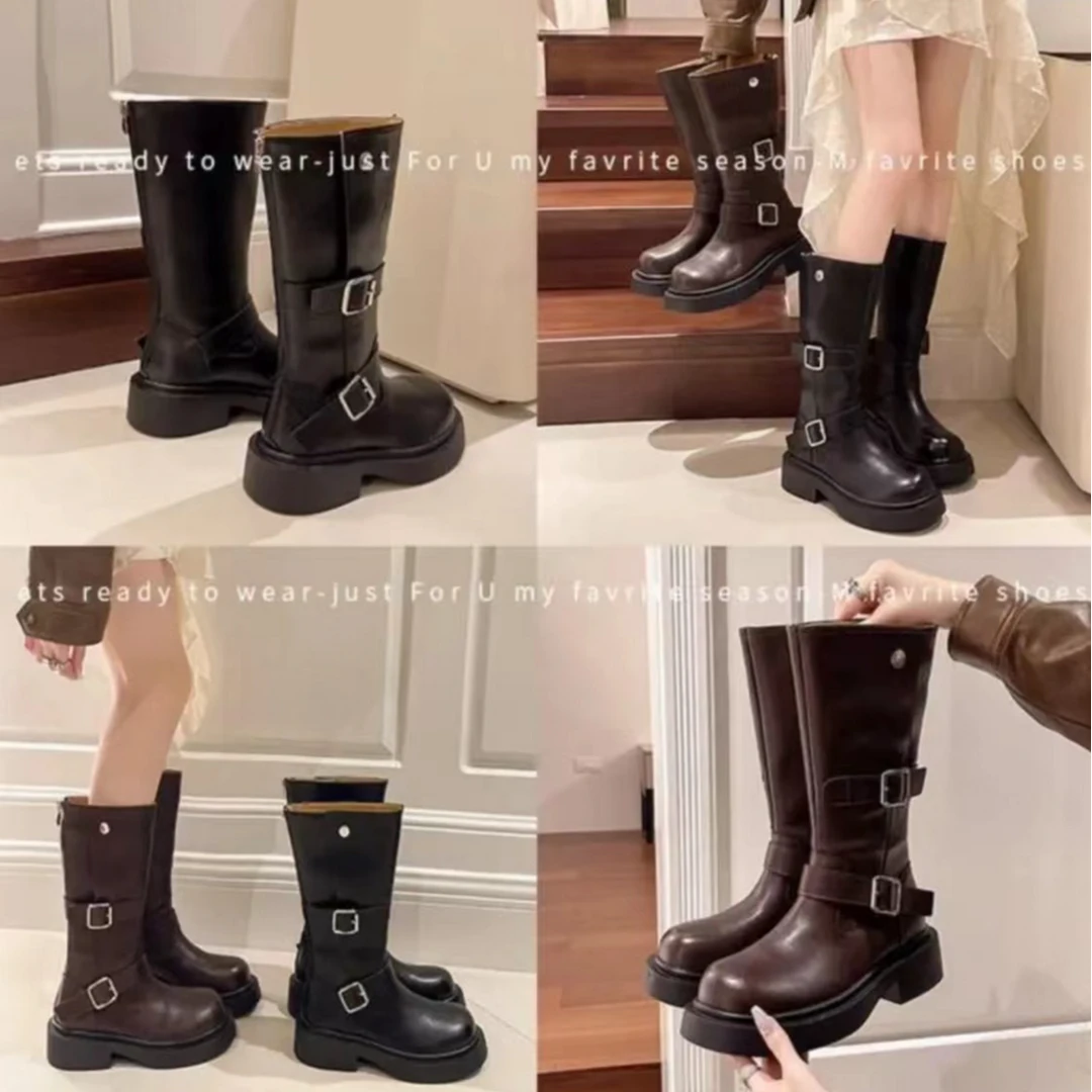 艺术家画报~厚底英伦风靴子女中筒靴后拉链马丁靴长筒靴