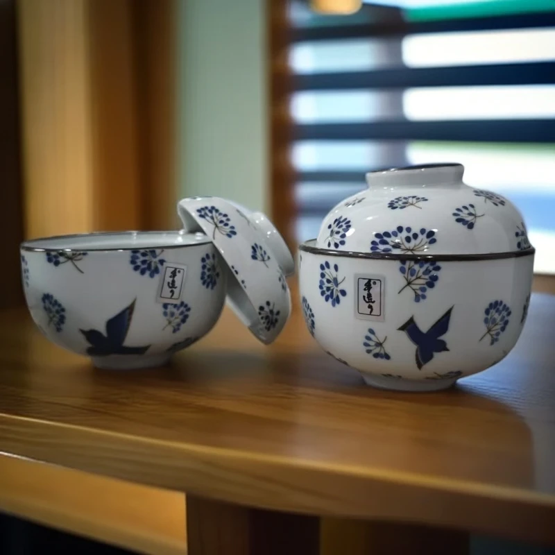 中式日式陶瓷炖盅盖碗千鸟燕衔春-4寸盖碗